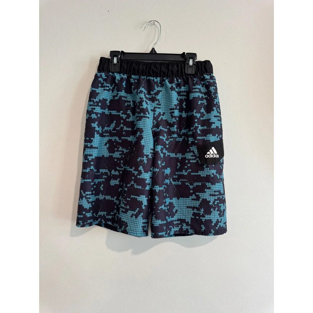 Adidas Digital Camo Swim Trunks Boys Large Teal Black Grid Pattern